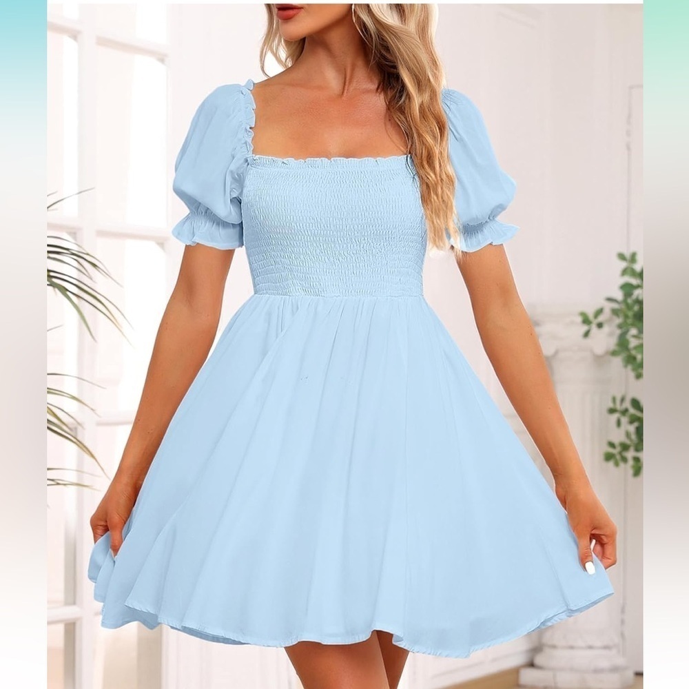 Holipick Square Neck Smocked Top A-line Dress with Puff Sleeves